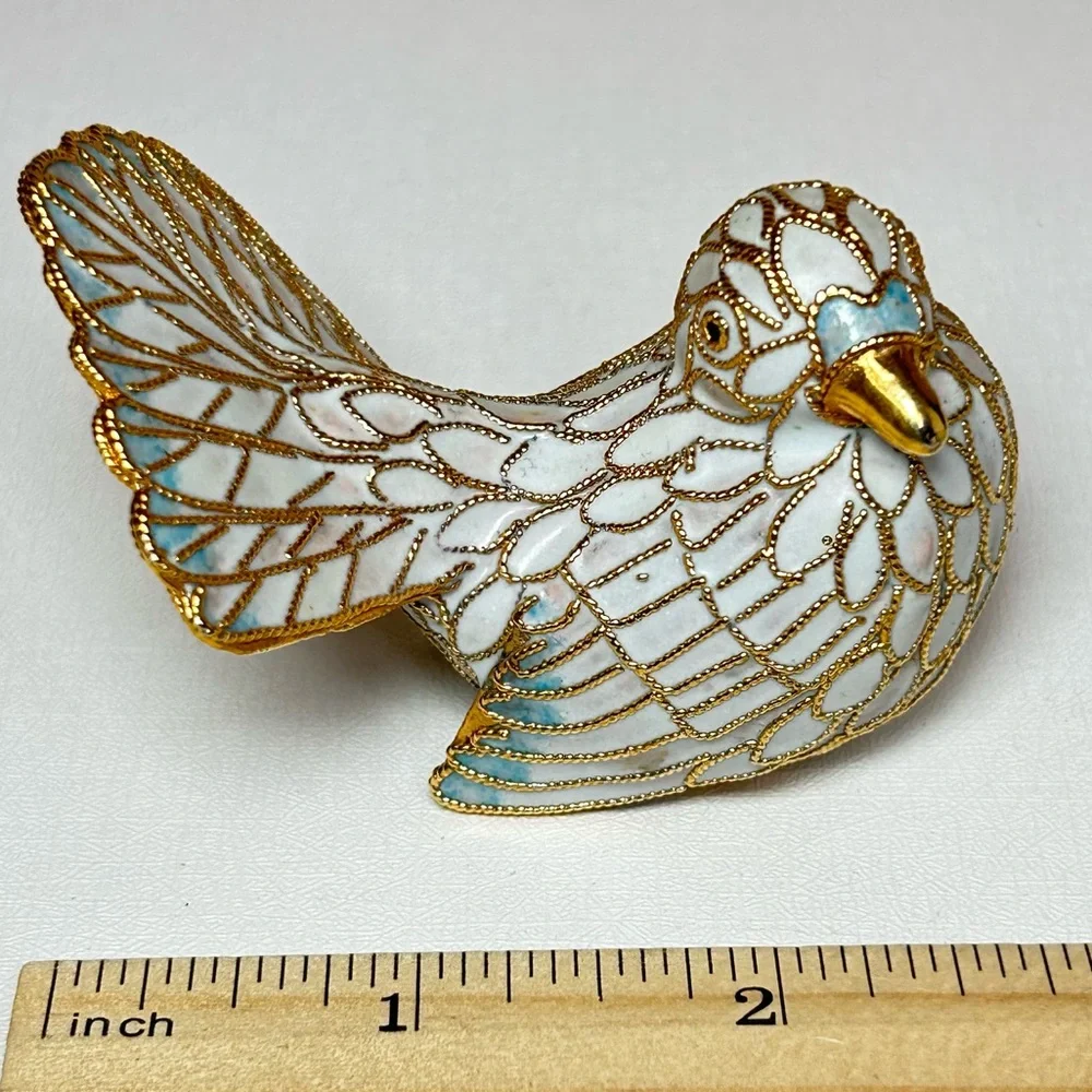 Vintage Cloisonné Bird Dove Figurine Gold Wire White & Blue Enamel